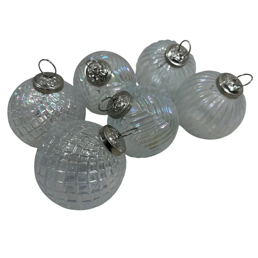 Set of 6 Iridescent White Glass Christmas Ornaments Textured Ribbed Quilted 3